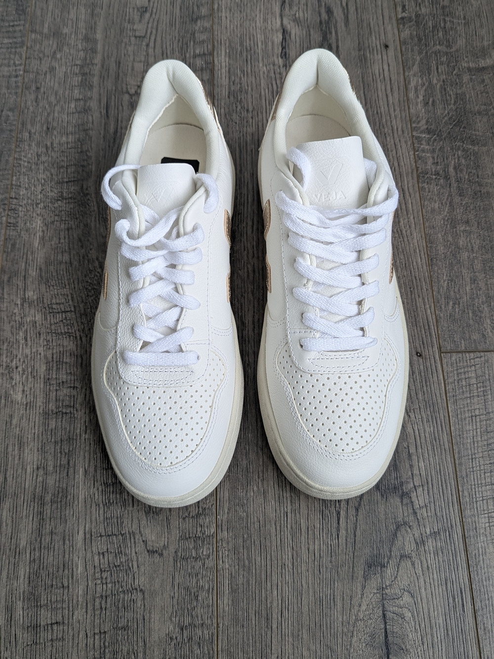 Veja V-10 Leather Sneakers in White with Gold/Beige Accents - Picture 3 of 6